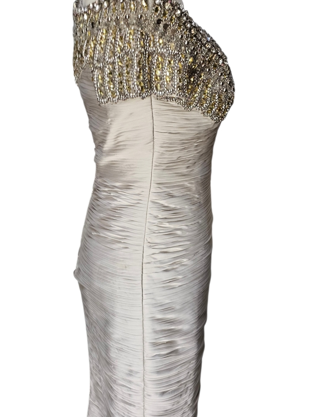 Terani Couture Champagne Midi Dress with Silver Embellished Neckline - Picture 8 of 11